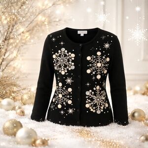 Vintage Tiara International 2004 Black Snowflake Cardigan Small Sequin Beaded
